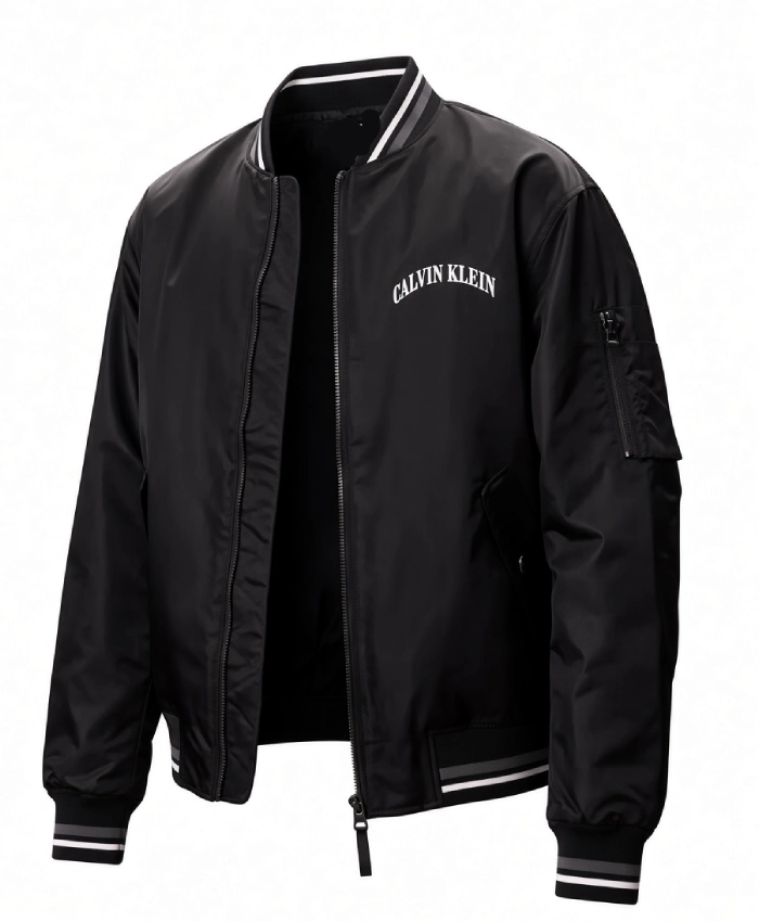 Jungkook x Calvin Klein Black Satin Varsity Bomber Jacket For Men and Women