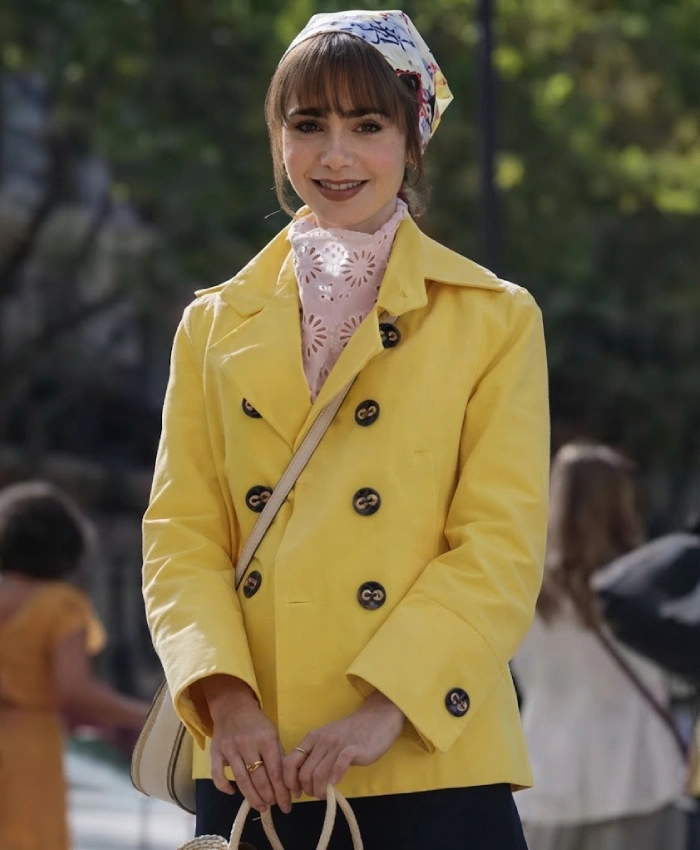 Lily Collins Emily in Paris Emily Cooper Yellow Double Breasted Coat