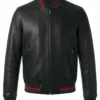Mens Black Leather Green and Red Striped Rib Knit Trim Varsity Bomber Jacket Sale