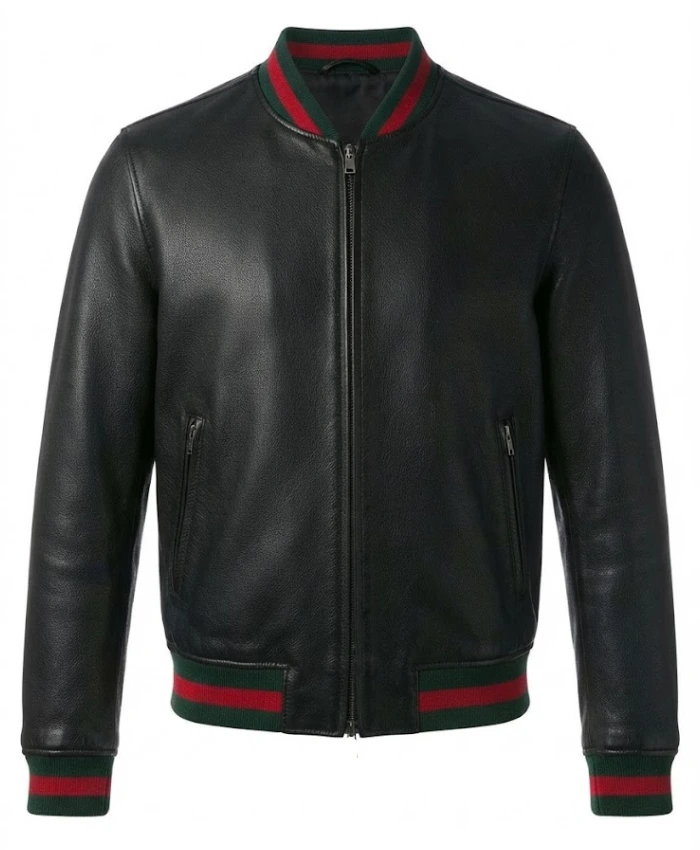 Mens Black Leather Green and Red Striped Rib Knit Trim Varsity Bomber Jacket Sale