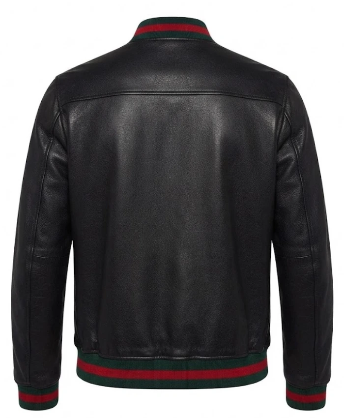 Mens Black Leather Green and Red Striped Rib Knit Trim Varsity Bomber Jacket