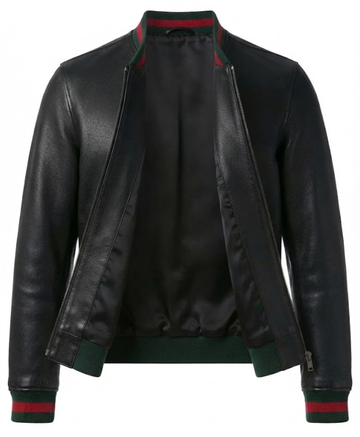 Mens Black Leather Green and Red Striped Rib Knit Trim Varsity Jacket