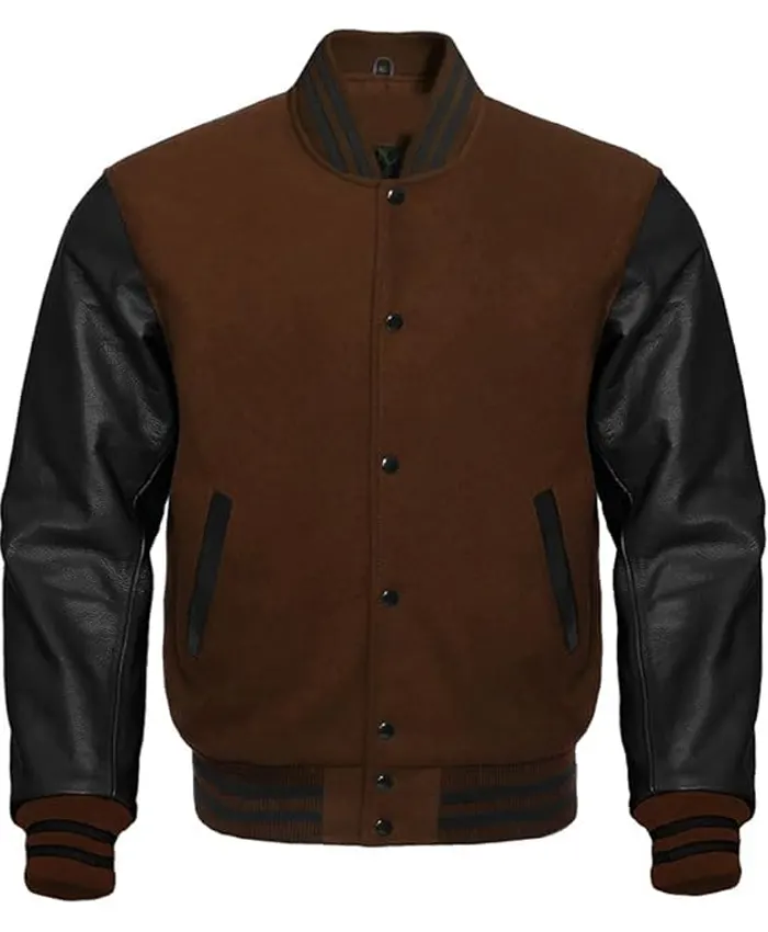 Mens Brown And Black Bomber College Style Letterman Jacket