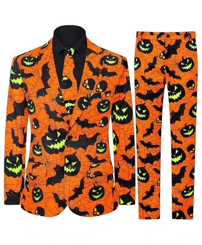 Mens Evil Pumpkin Spider Web and Bats Suit