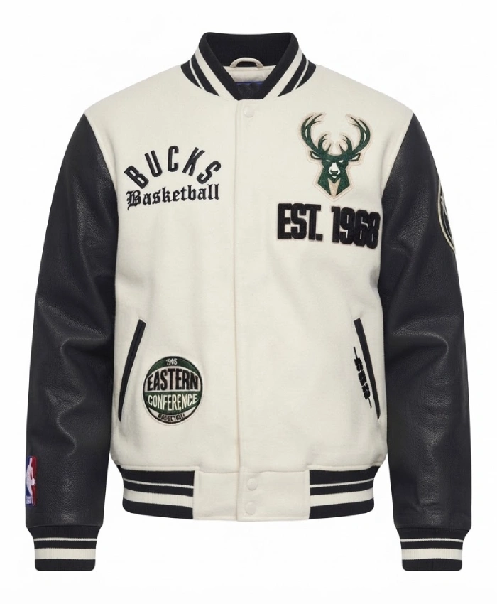 Milwaukee Bucks Modern Originals Classic Rib White Wool Varsity Jacket
