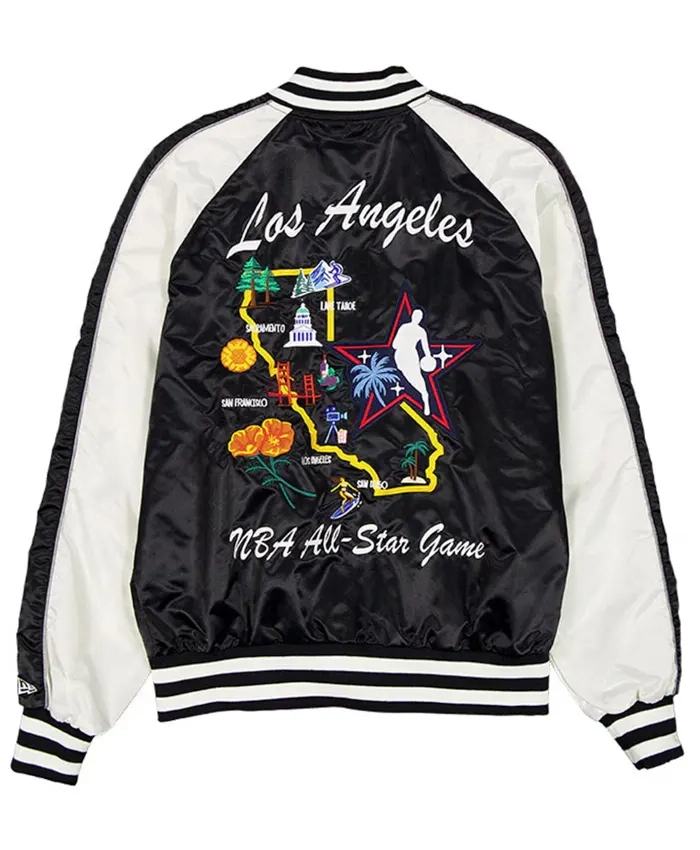 NBA All Star Game 2026 Alpha Industries Souvenir Black And White Satin Bomber Jacket