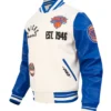 NY Knicks Modern Originals Classic Rib White and Blue Leather Varsity Jacket