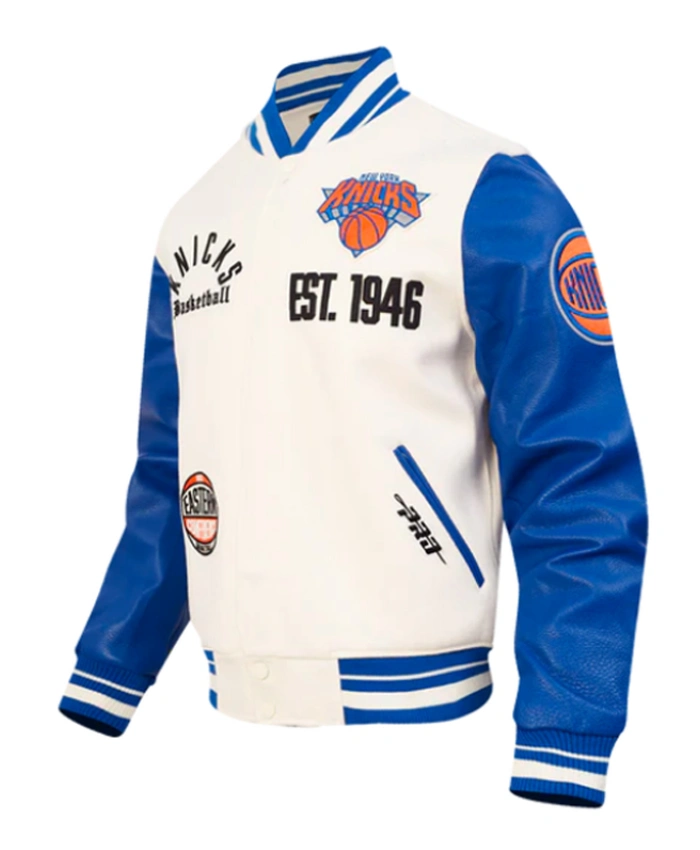 NY Knicks Modern Originals Classic Rib White and Blue Leather Varsity Jacket