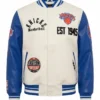 NY Knicks Modern Originals Classic Rib White and Blue Varsity Jacket Sale