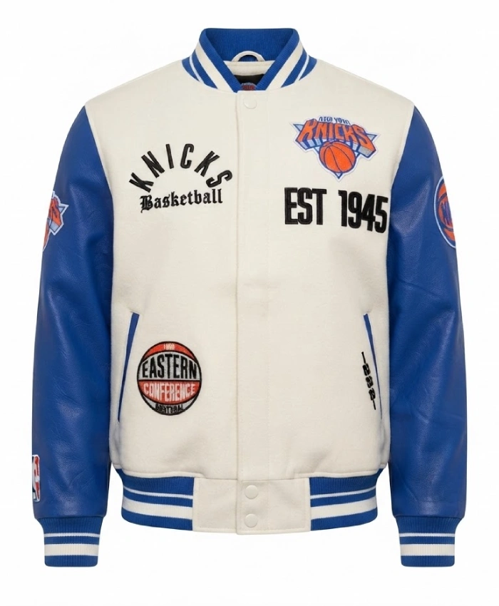 NY Knicks Modern Originals Classic Rib White and Blue Varsity Jacket Sale