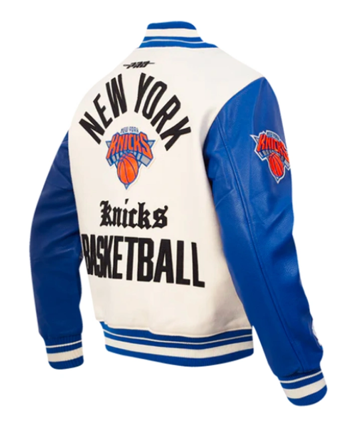 NY Knicks Modern Originals Classic Rib White and Blue Wool Varsity Jacket