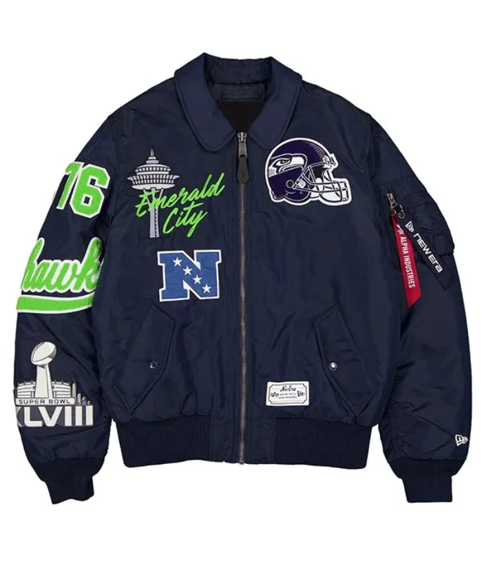 National Football Conference 2026 Seattle Seahawks Emerald City MA 1 Flight Navy Bomber Jacket