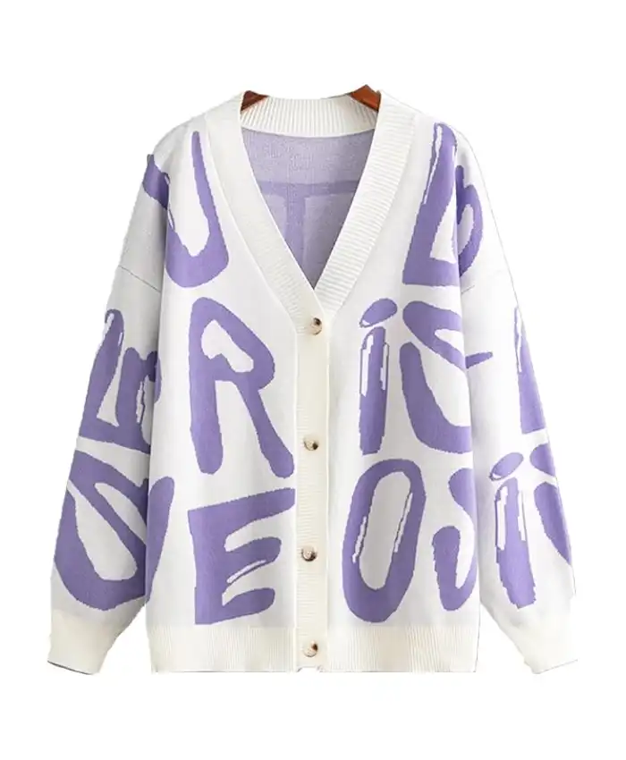 Women Knit Cardigan Letter Print Sweater