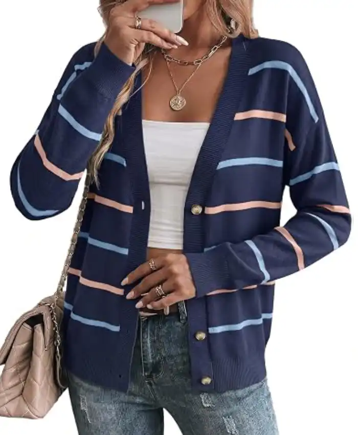 Sidefeel Womens Striped line Cardigan Sweater