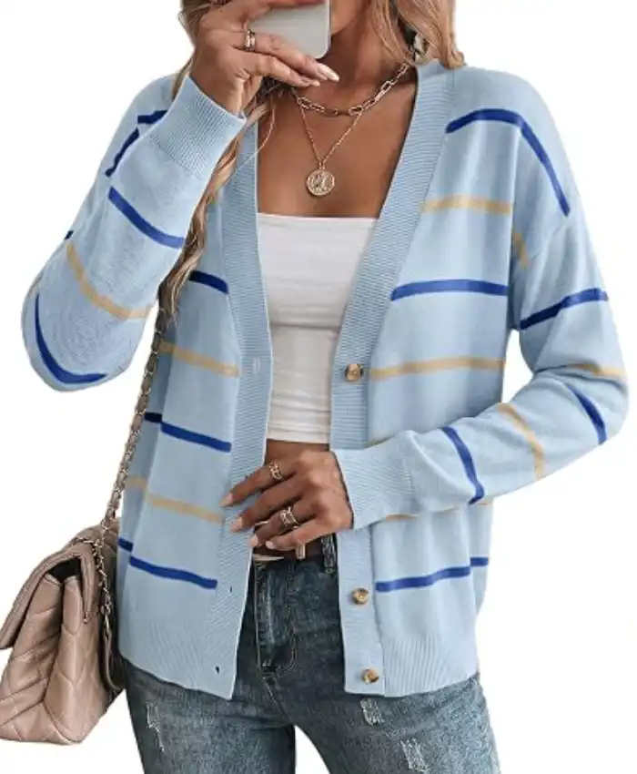 Sidefeel Womens Striped line Cardigan Sweater