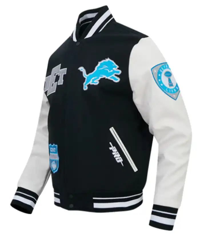 Detroit Lions Classic Rib Black and White Letterman Jacket