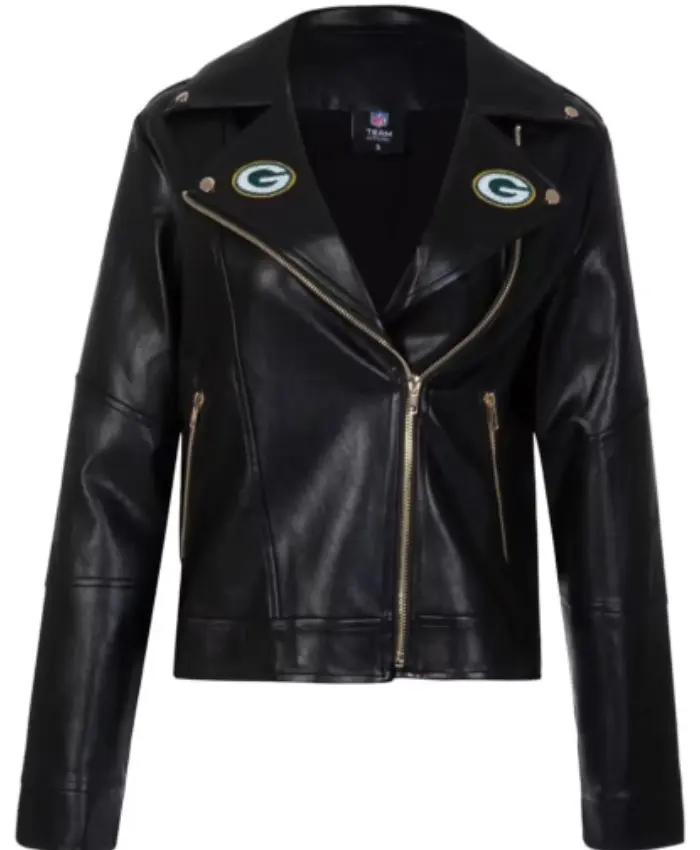 Green Bay Packers Cuce Black Leather Moto Jacket