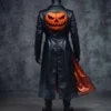 Halloween Pumpkin Black Leather Long Coat