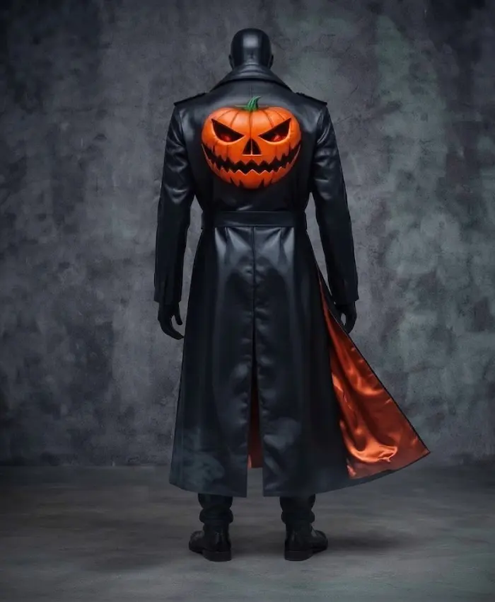 Halloween Pumpkin Black Leather Long Coat