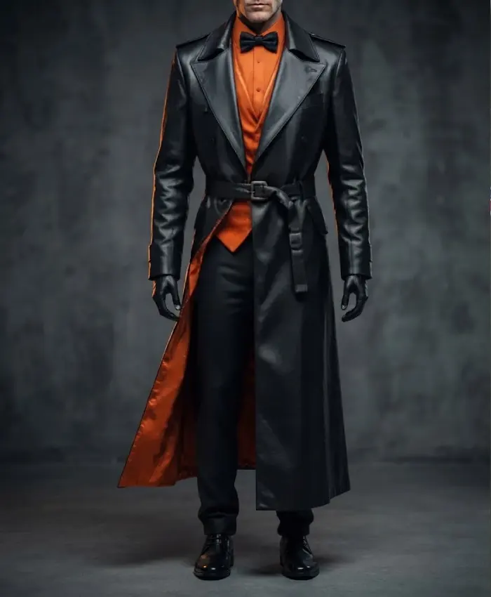 Halloween Pumpkin Black Leather Long Coat