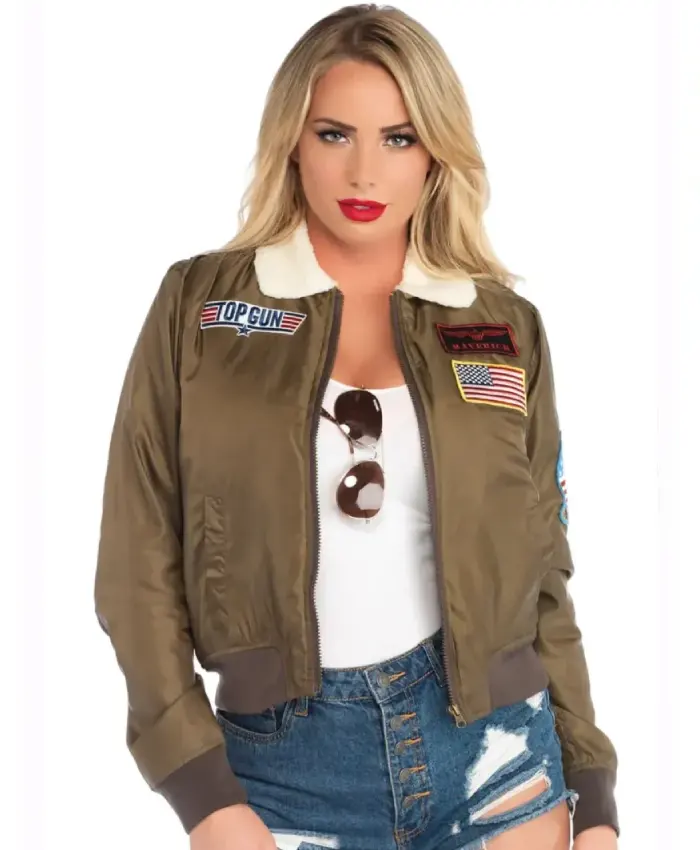 Top Gun Green Patches Cropped Bomber Satin Sherpa Jacket