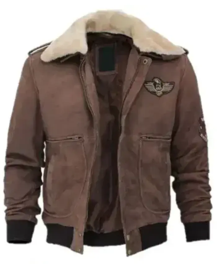 Top Gun Fur Collar Suede Brown Bomber Jacket
