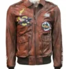 Top Gun Flying Tigers Brown Zip Up Leather Bomber Jacket