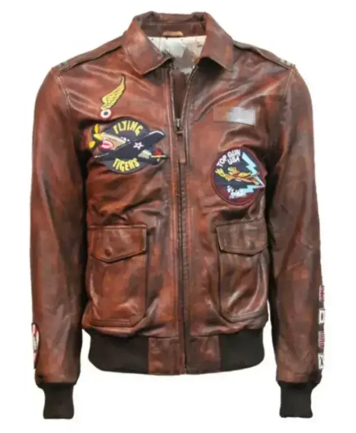 Top Gun Flying Tigers Brown Zip Up Leather Bomber Jacket