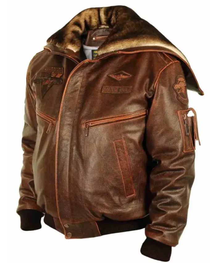 Top Gun Cap Aviator Brown Leather Jacket With Fur Hood