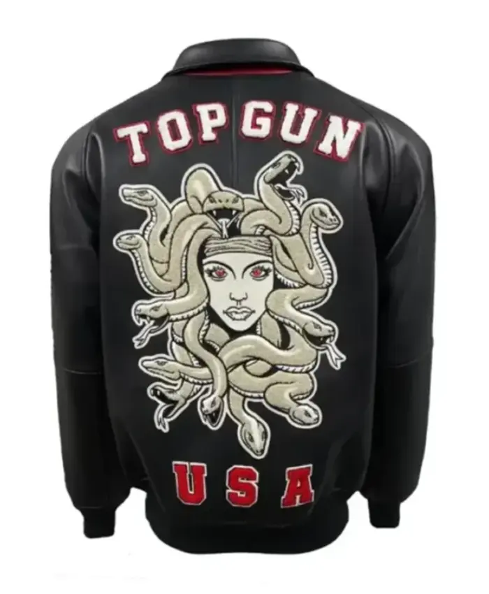 Top Gun Medusa Classic Zip Up Black Leather Bomber Jacket