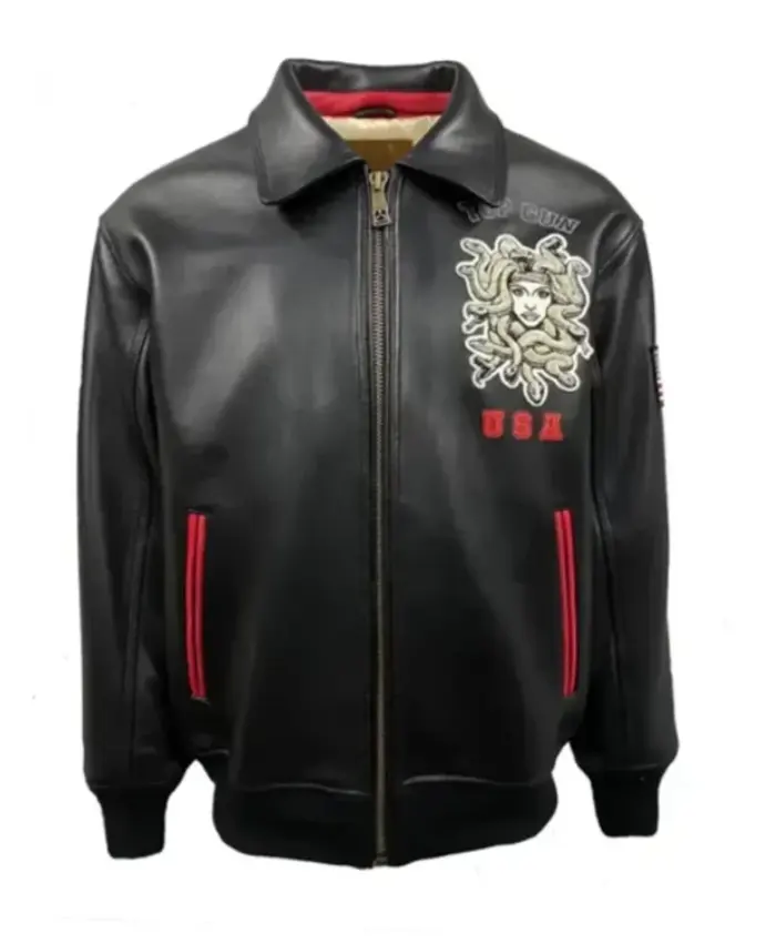 Top Gun Medusa Classic Zip Up Black Leather Bomber Jacket