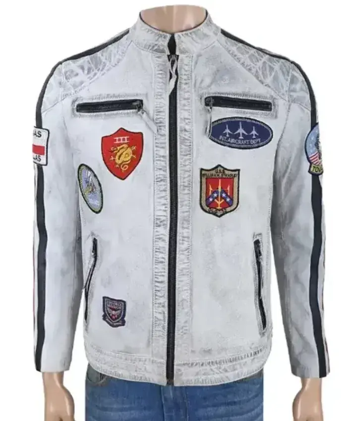 Top Gun Aircraft Dept Sea Bees Distressed White Leather Jacket