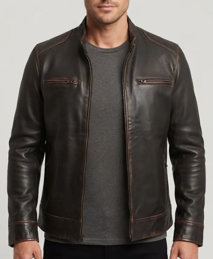 Mens Dark Brown Cafe Racer Leather Jacket
