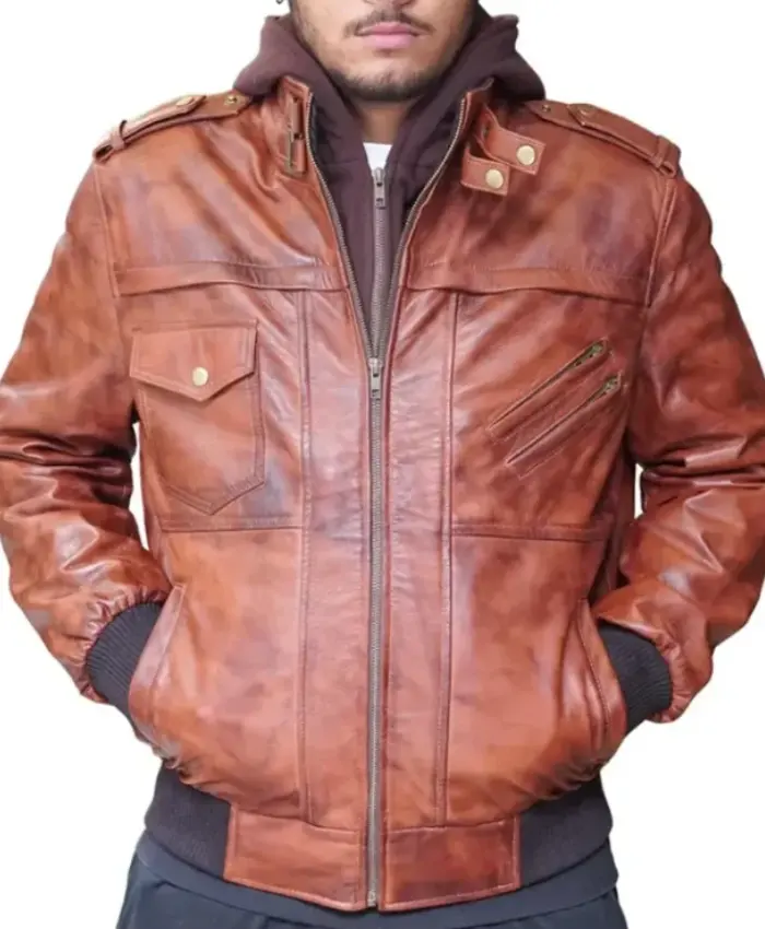 Mens Vintage Brown Cafe Racer Detach Hood Bomber Jacket