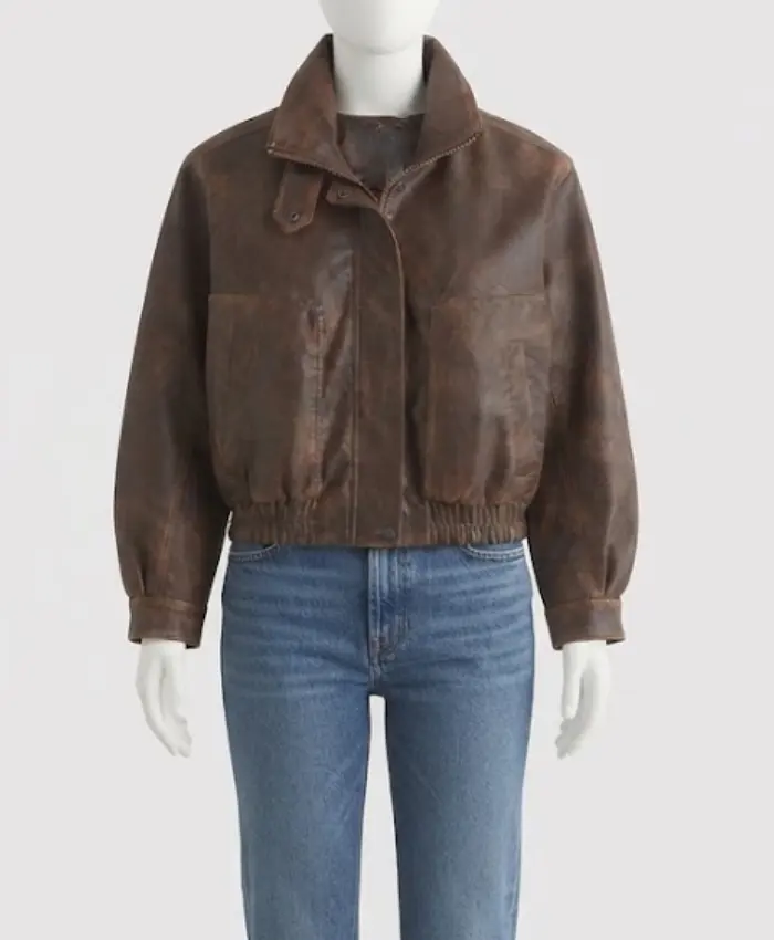 Funnel Neck Leather Bomber Jacket