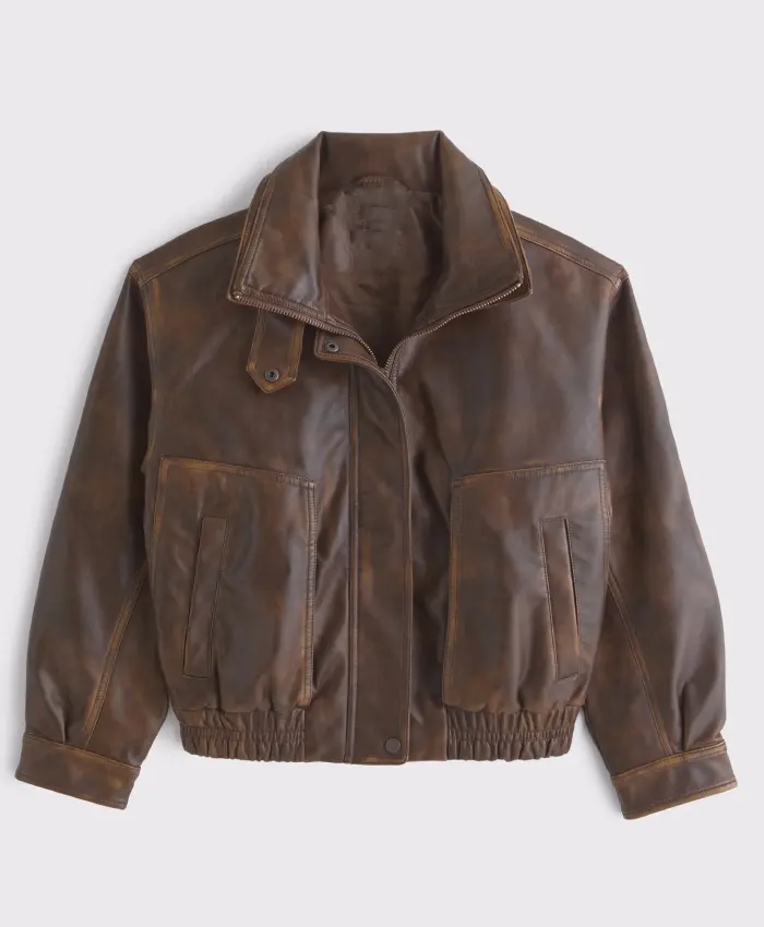 Funnel Neck Leather Bomber Jacket