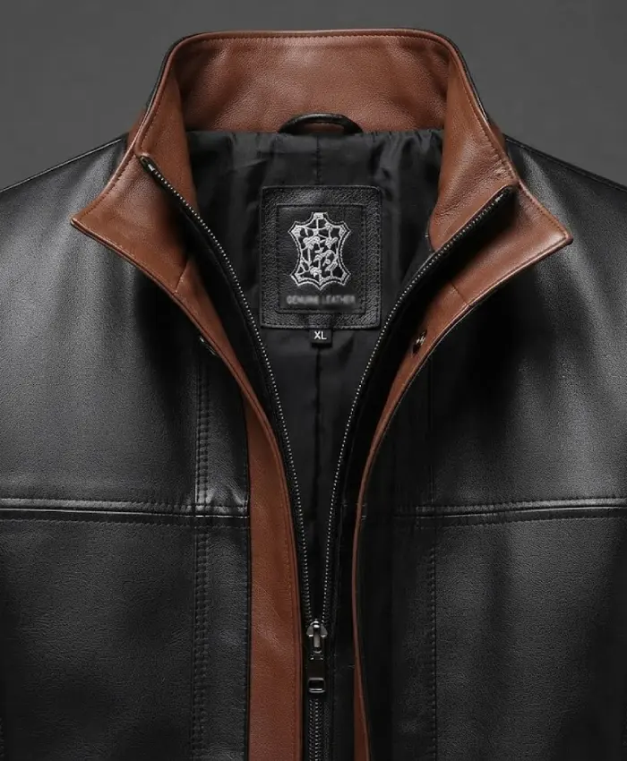 Erin Men's Black 3/4-Length Leather Jacket With Cognac Details