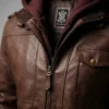 Men's Tall Dark Brown Leather Bomber Jacket With Hood