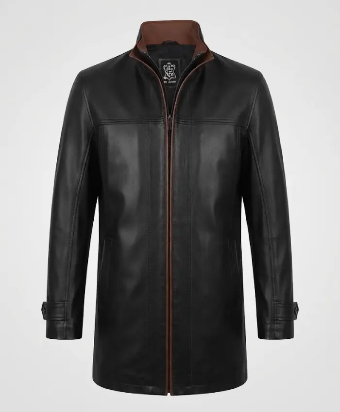 Erin Men's Black 3/4-Length Leather Jacket With Cognac Details