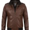 Men's Tall Dark Brown Leather Bomber Jacket With Hood