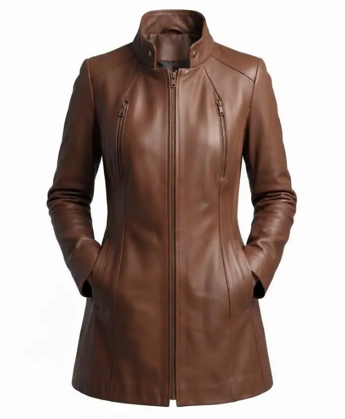 Women’s Cognac Slim Fit Brown Leather Long Coat