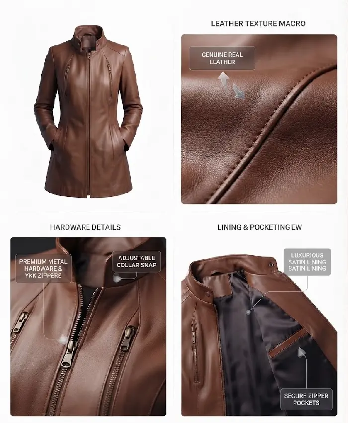 Women’s Cognac Slim Fit Brown Leather Long Coat