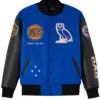 New York Knicks OVO x NBA Blue and Black Full Snap Varsity Jacket
