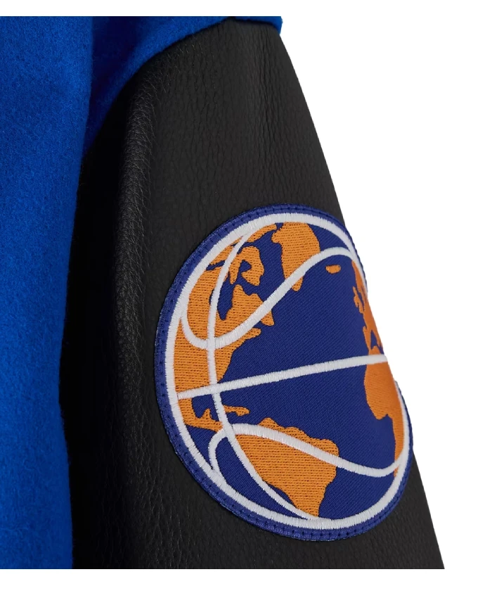 New York Knicks OVO x NBA Blue and Black Full Snap Varsity Jacket Sale