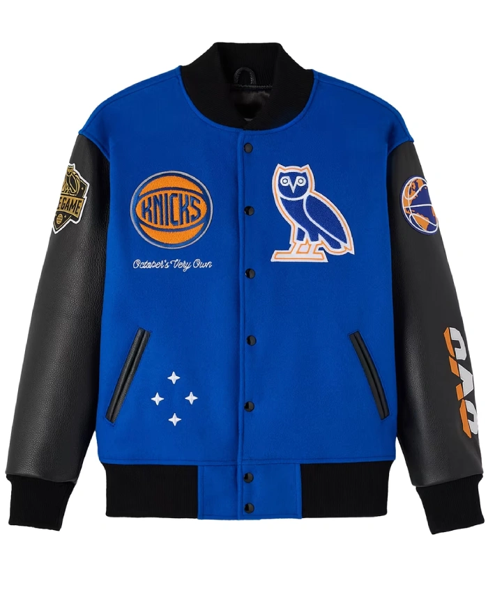 New York Knicks OVO x NBA Blue and Black Full Snap Varsity Jacket
