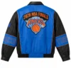 New York Knicks Sydney Sweeney Finals Champions Blue and Black Leather Jacket