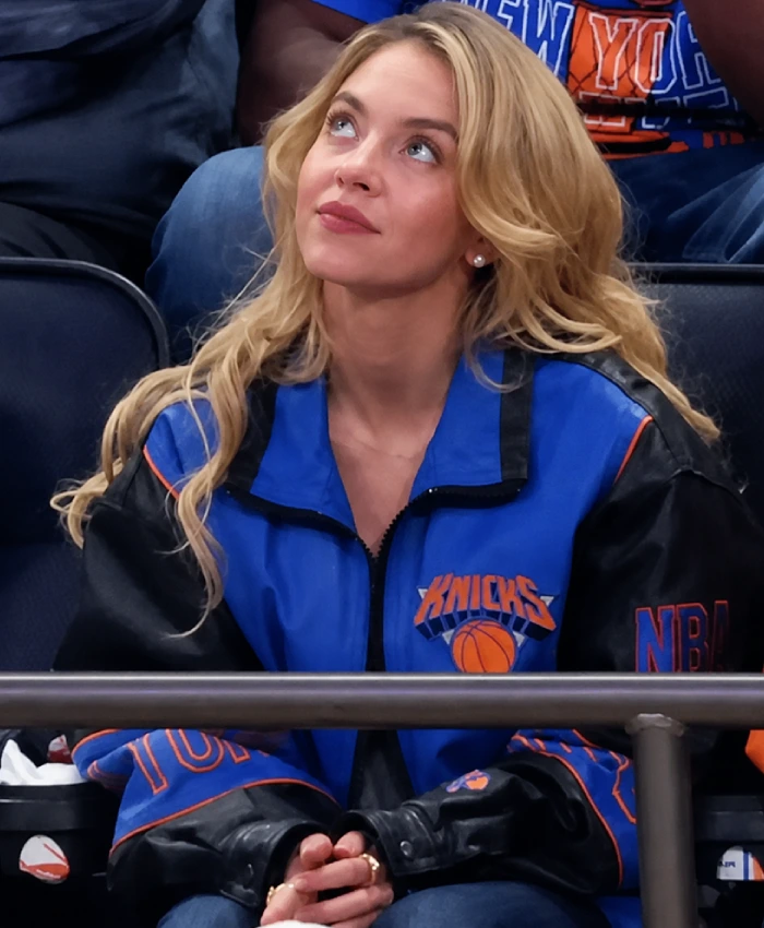 New York Knicks Sydney Sweeney Finals Champions Blue and Black Leather Jacket Sale