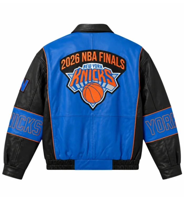 New York Knicks Sydney Sweeney Finals Champions Blue and Black Leather Jacket