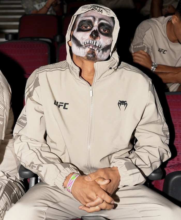Noche UFC Ceremonial Weigh In Edgar Chairez Venum UFC Unity Fight Week Tan Hooded Jacket