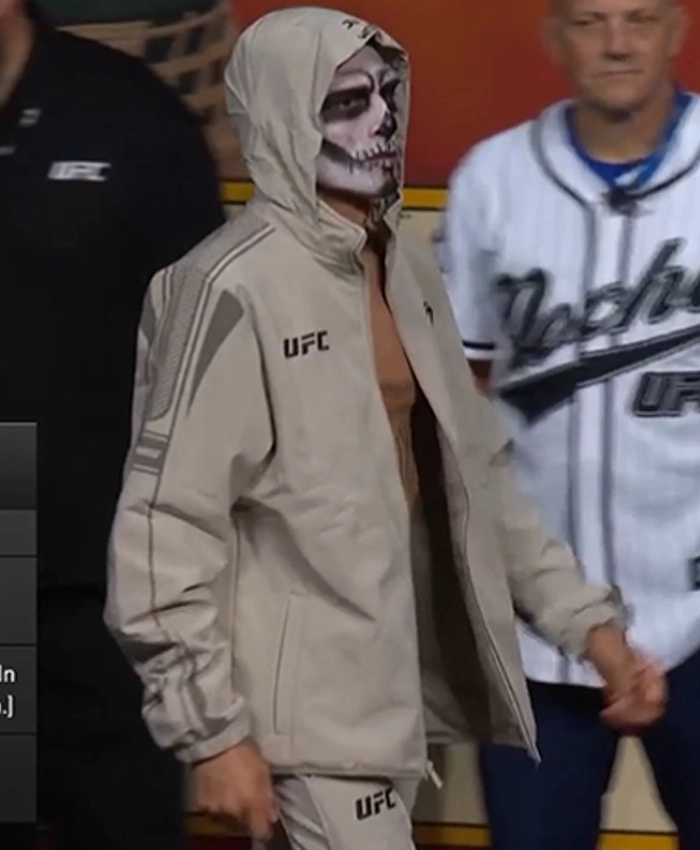 Noche UFC Ceremonial Weigh In Edgar Chairez Venum UFC Unity Fight Week Tan Zip Up Hooded Jacket